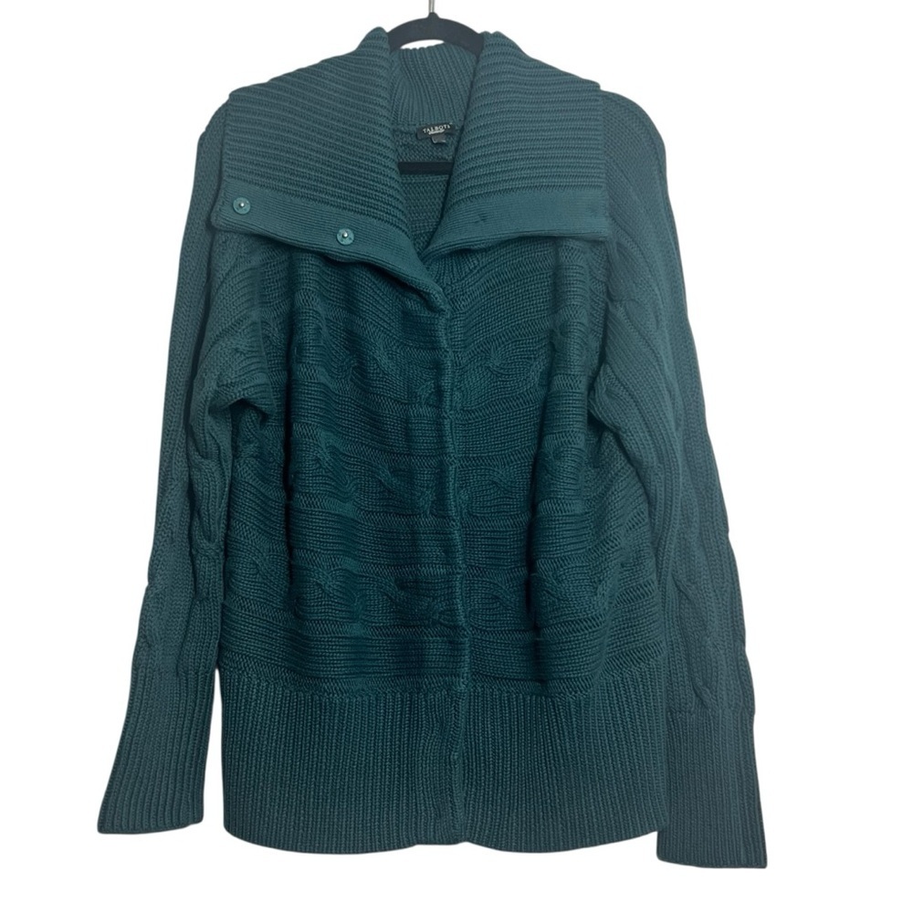 Talbots Sweater Womens Size XL Chunky Cable Knit Cardigan Snap Button Green